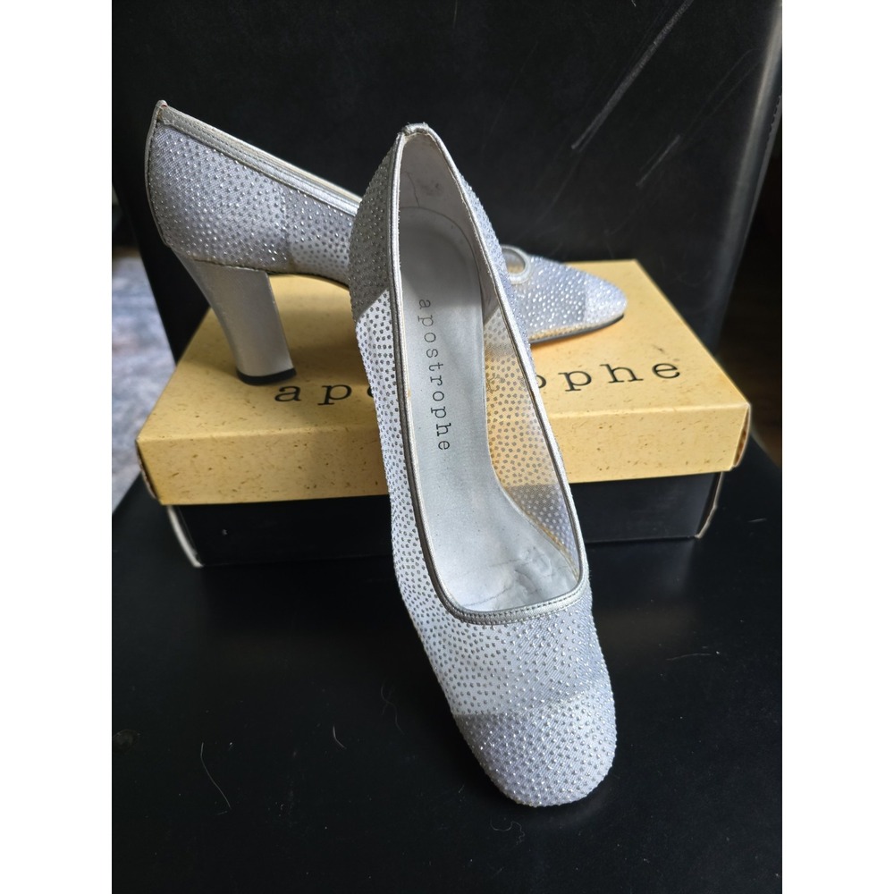 Apostrophe Coretta Sz 7 Silver Glitter Wedding 3" Mesh Block Heel Pumps Y2K VTG